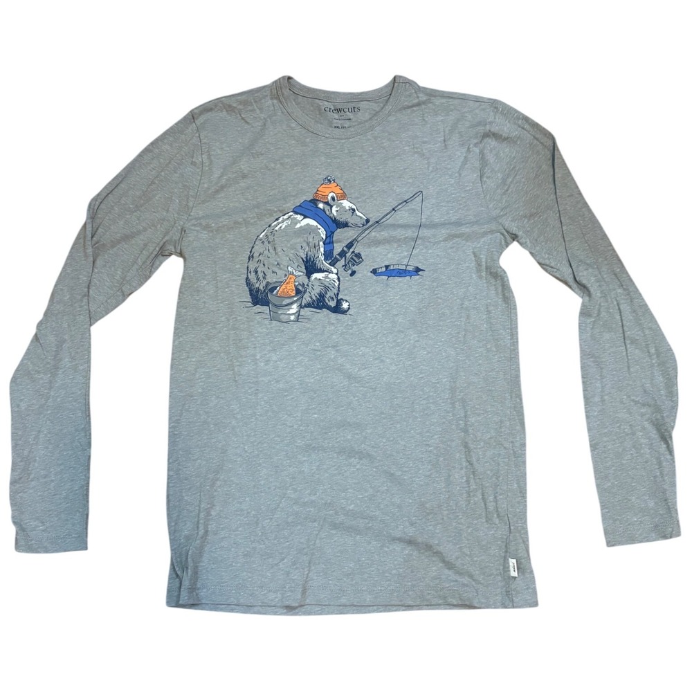 Crewcuts‎ Kids Boys XXL 15-16 Grey Long Sleeve Polar Bear Fishing TShirt NWT